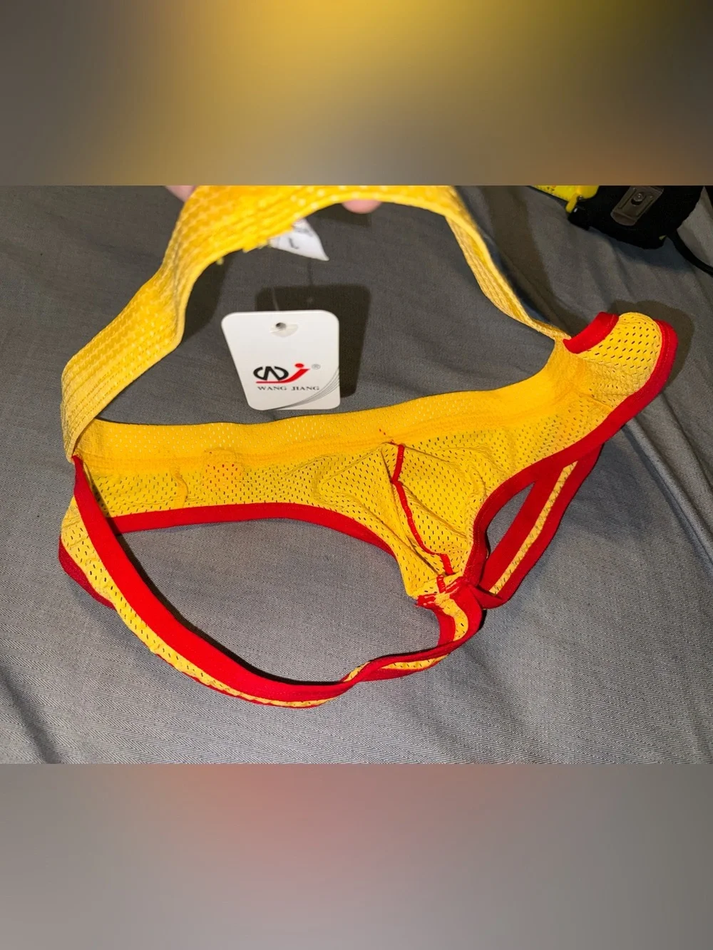 JOCKSTRAP Yellow/Red trim, sexy mesh fabric, runs smaller see pic (tagged L)